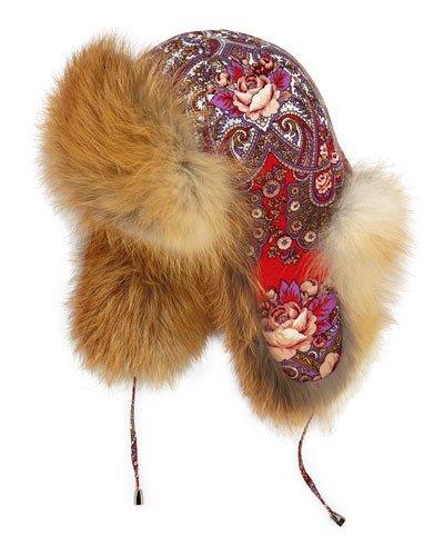 Paisley/floral Trapper Hat W/fox Trim