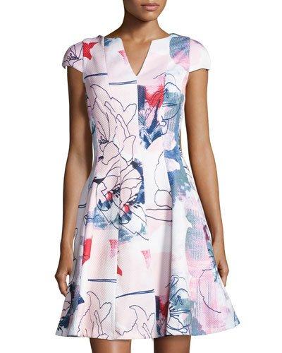 Cap-sleeve Floral-print Fit & Flare Dress, Pink Pattern