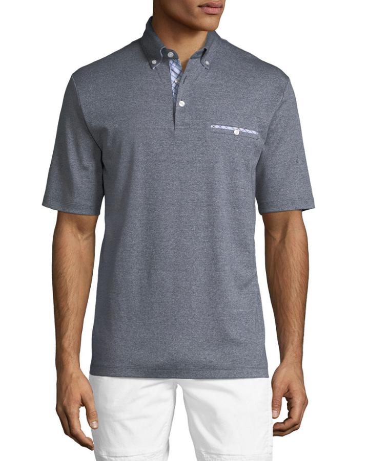 Button-down Plaid-trimmed Polo