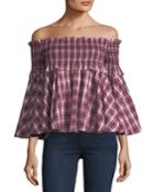 Davenport Off-the-shoulder Smocked Plaid Top