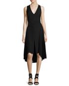 Sleeveless V-neck Crepe Dress W/ Pleated Georgette Insets, Black
