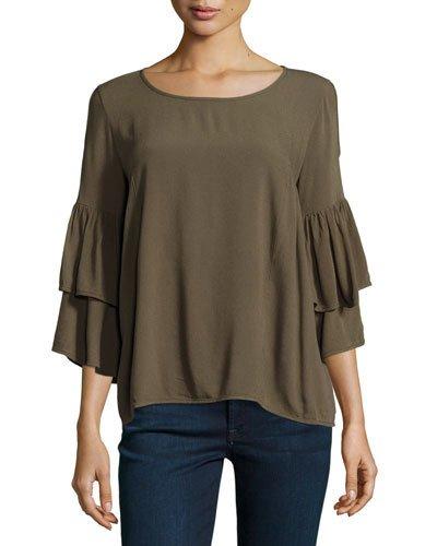 Double Ruffled Cold-shoulder Top, Green
