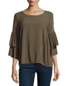 Double Ruffled Cold-shoulder Top, Green