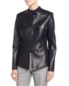 Shirt-collar Hook-front Leather Jacket W/ Pocket Flaps