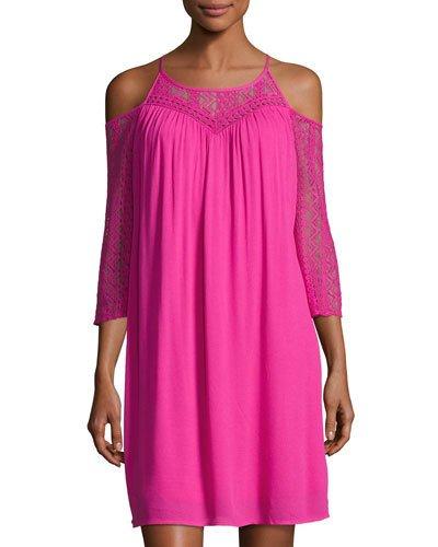 Lace-inset Cold-shoulder Dress, Fuchsia