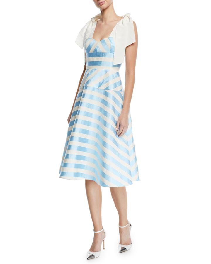 Sleeveless Bow-strap Striped Mid-calf Cocktail Dress