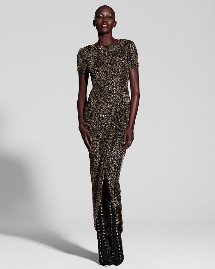Metallic Beaded Short-sleeve Gown,