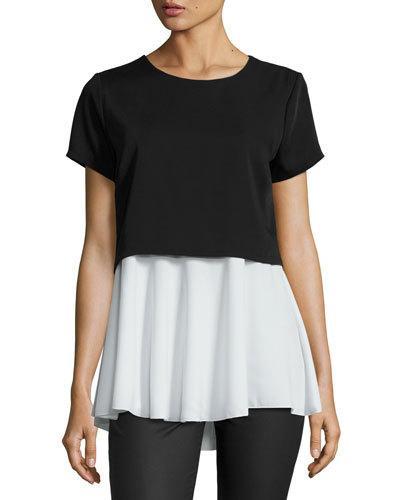 Short-sleeve Crewneck Popover Blouse, Black/white