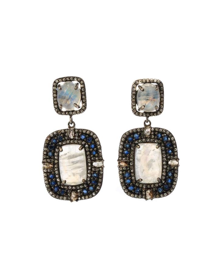 Silver Cushion Drop Earrings With Diamonds, Sapphire & Rainbow