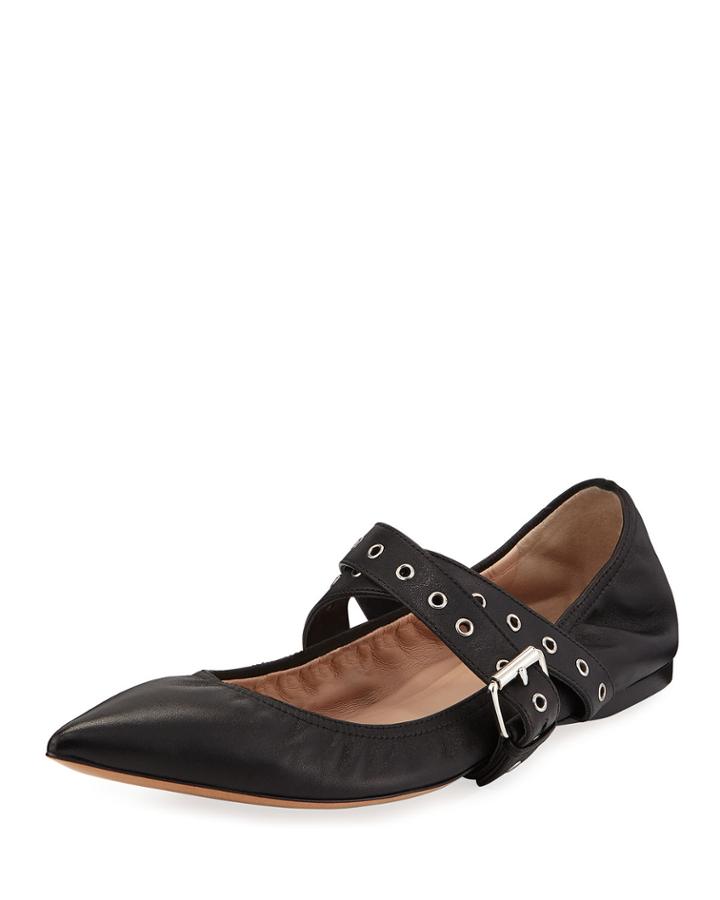 Ruched Leather Ankle-wrap Ballerina Flats