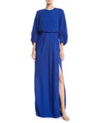 Full-sleeve Front-slit Crepe Column Evening Gown