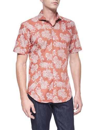 Floral Paisley-print Short-sleeve Shirt, Orange/black