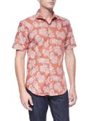 Floral Paisley-print Short-sleeve Shirt, Orange/black