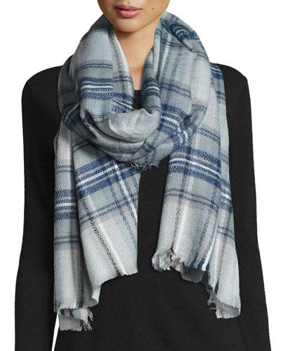 Plaid Fringe Scarf, Denim Blue