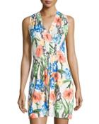 Sleeveless Floral-print Dress W/inverted Pleats