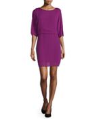 3/4-sleeve Draped-back Dress, Electric Purple