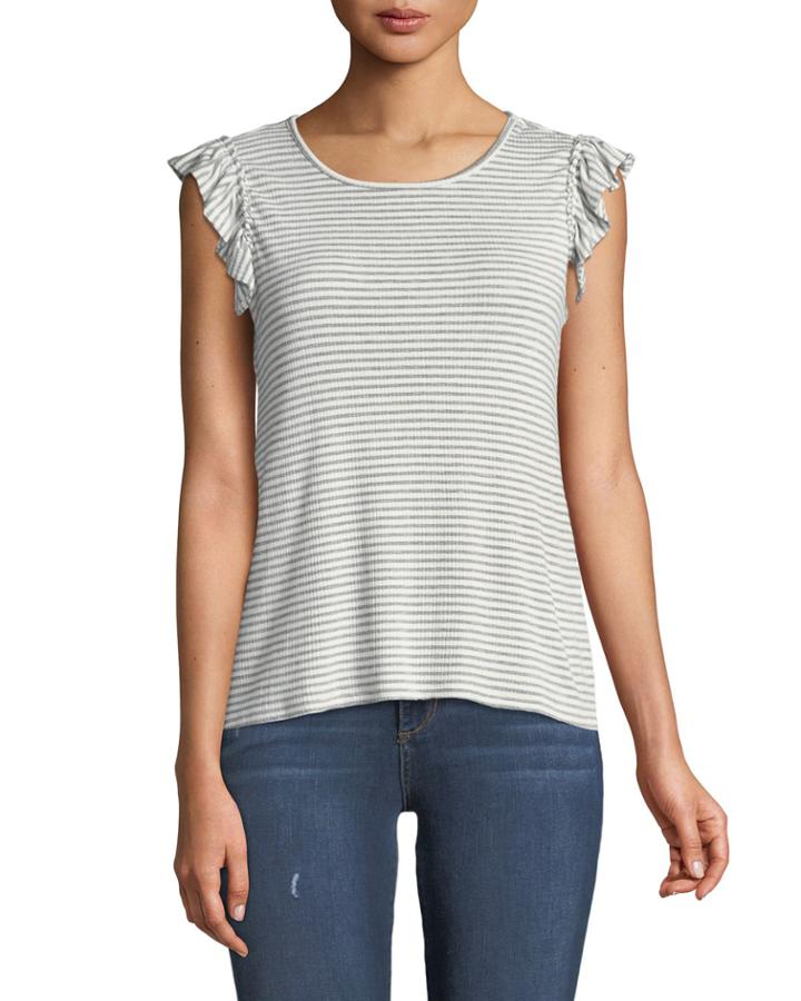 Striped Ruffled Cap-sleeve Tee