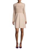 Long-sleeve Jewel-neck Sweater Dress, Beige