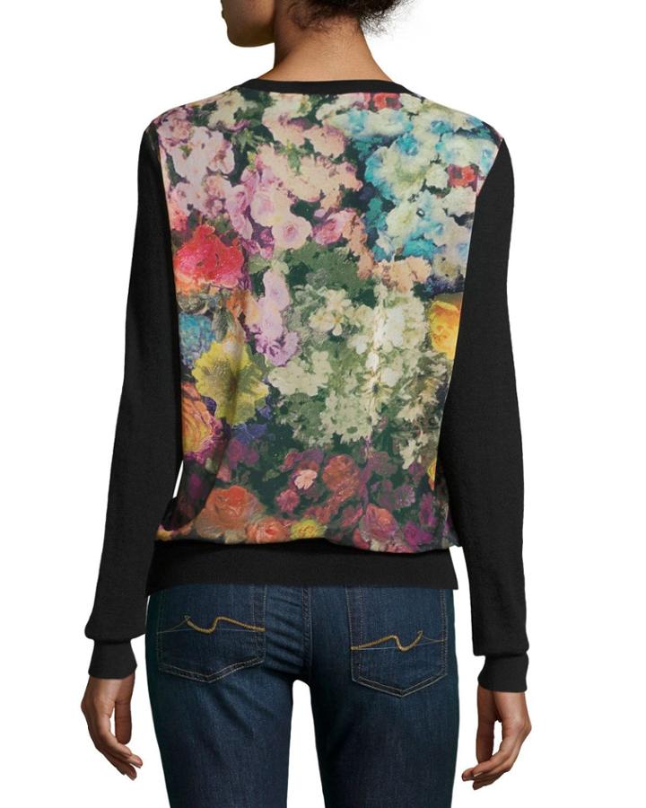 Superfine Cashmere Cardigan W/ Floral Garden Chiffon Back