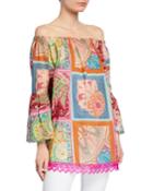 Alana Mojito Tile-print Off-shoulder Bell-sleeve Top