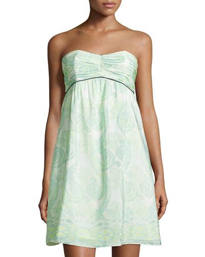 Strapless Pleated Empire Dress, Paisley Print