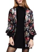 Floral Ruffle-sleeve Long Velvet Blazer