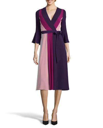 Colorblock 3/4-sleeve Wrap Dress