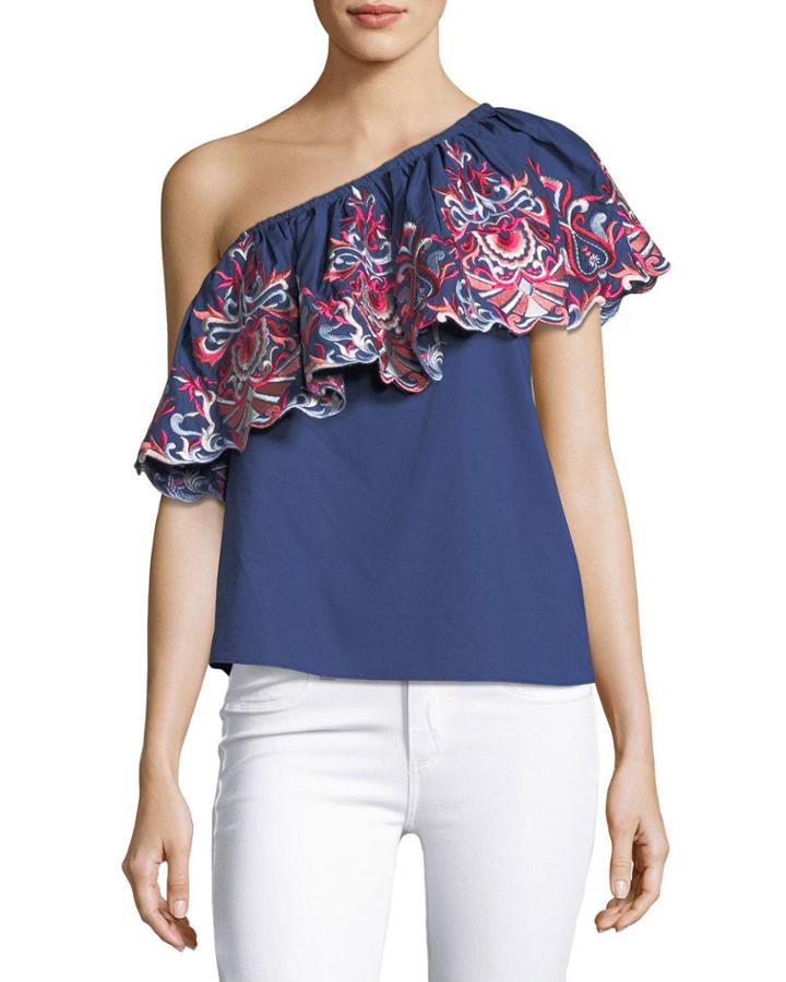 Reba Floral-embroidered One-shoulder Poplin Top