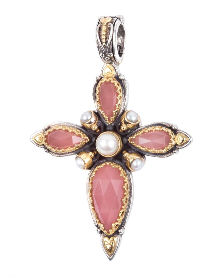 Amphitrite Teardrop Guava Quartz & Pearl Cross Pendant Enhancer