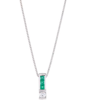 18k White Gold Diamond & Emerald Linear Pendant Necklace