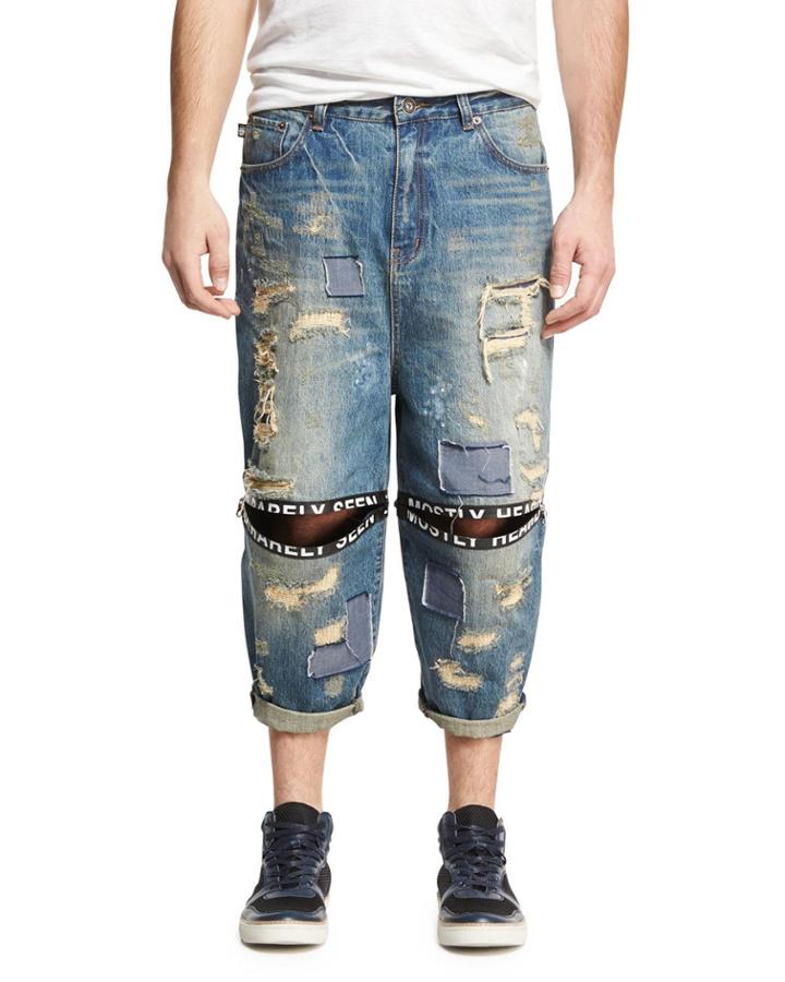 Destroyed Ticker Feed Cropped Jeans, Blue