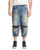 Destroyed Ticker Feed Cropped Jeans, Blue