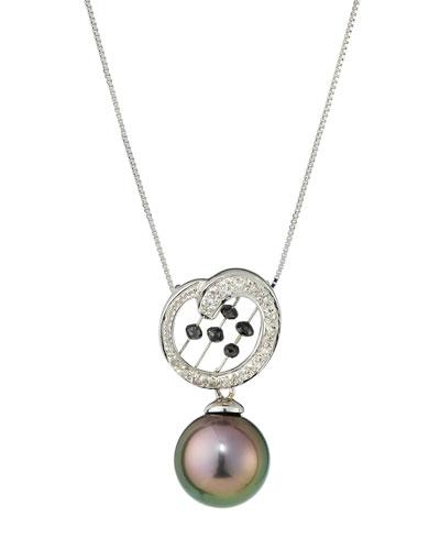 14k Tahitian Pearl Pendant Necklace W/ Black & White Diamonds