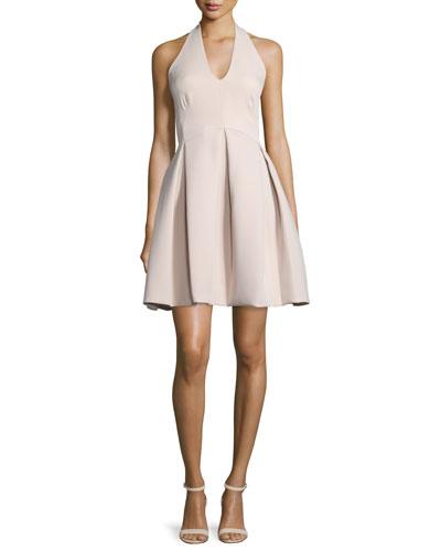 Halter-neck Pleated-skirt Dress, Buff