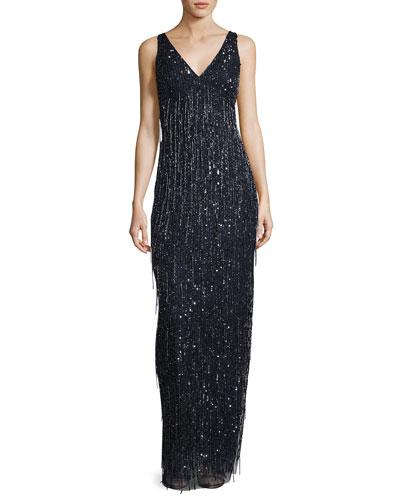 V-neck Fringe-beaded Gown, Navy