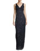 V-neck Fringe-beaded Gown, Navy
