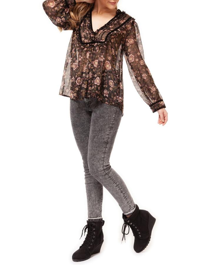 Floral Scoop-neck Long Sleeve Semisheer Blouse