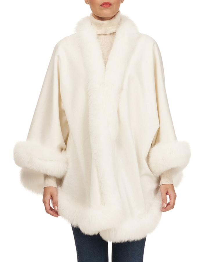 Wool Caplet With Shadow Fox Fur Trim