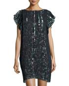 Cap-sleeve Pleated Floral-print Dress, Black/multi