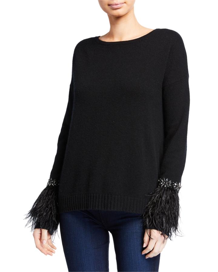 Cashmere Crewneck Sweater W/ Embellished Trim & Feather Cuffs