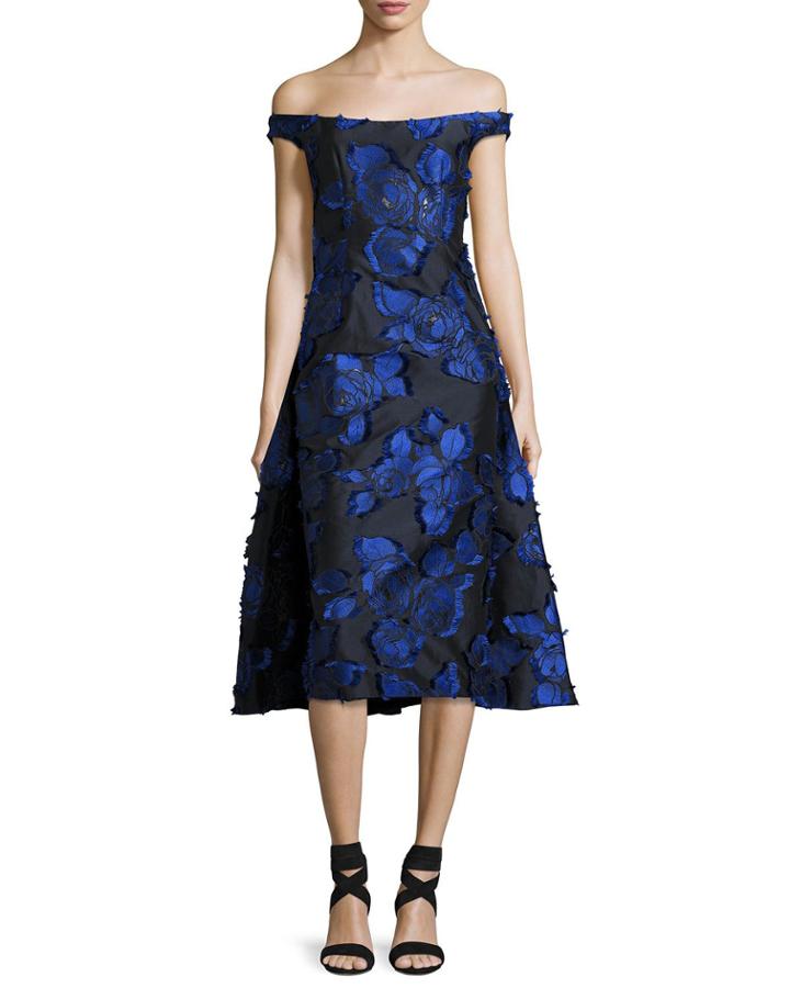 Off-the-shoulder Floral Brocade Dress With Flounce Back