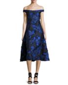 Off-the-shoulder Floral Brocade Dress With Flounce Back