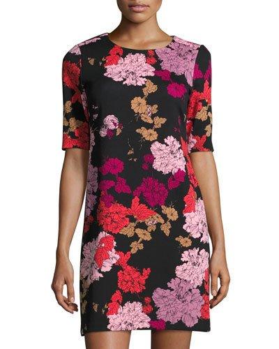 Floral A-line Short Sleeve Dress, Black