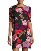Floral A-line Short Sleeve Dress, Black