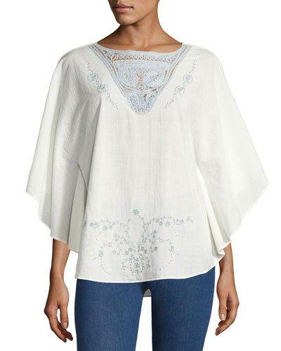 Angel-sleeve Boat-neck Poncho Top, Ivory