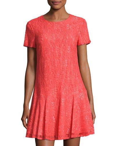 Hayden Short-sleeve Drop-waist Lace Dress, Coral