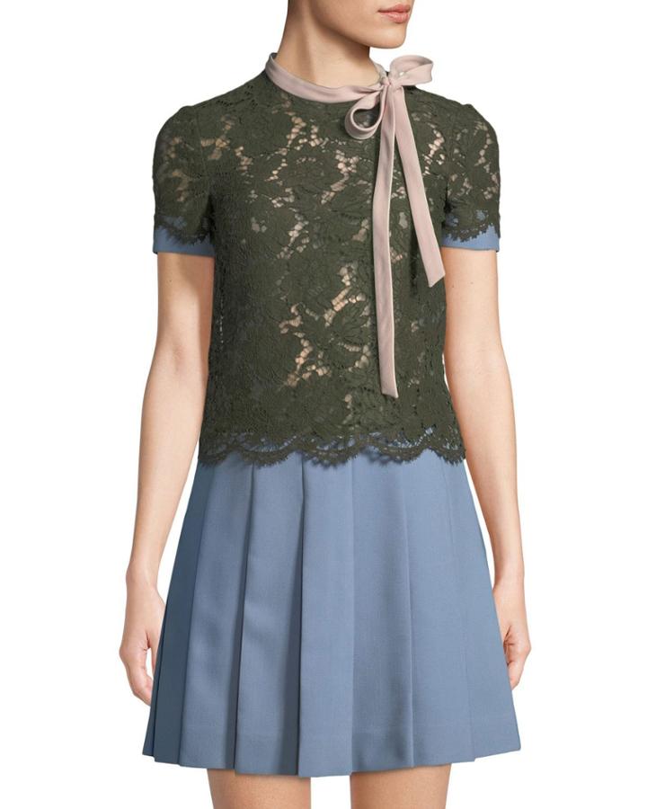 Tie-neck Lace-topped Fit & Flare Dress