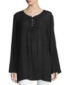 Lace-up Bell-sleeve Blouse, Black