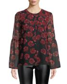 Floral Button-front Bell-sleeve Dress