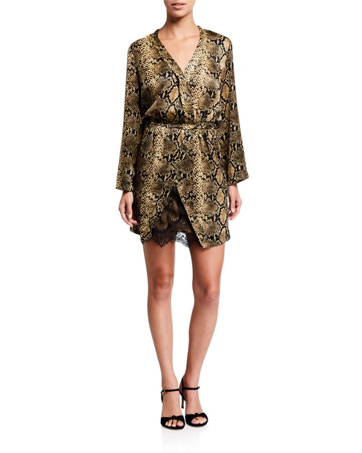 Snakeskin Faux-wrap Lace-inset Dress